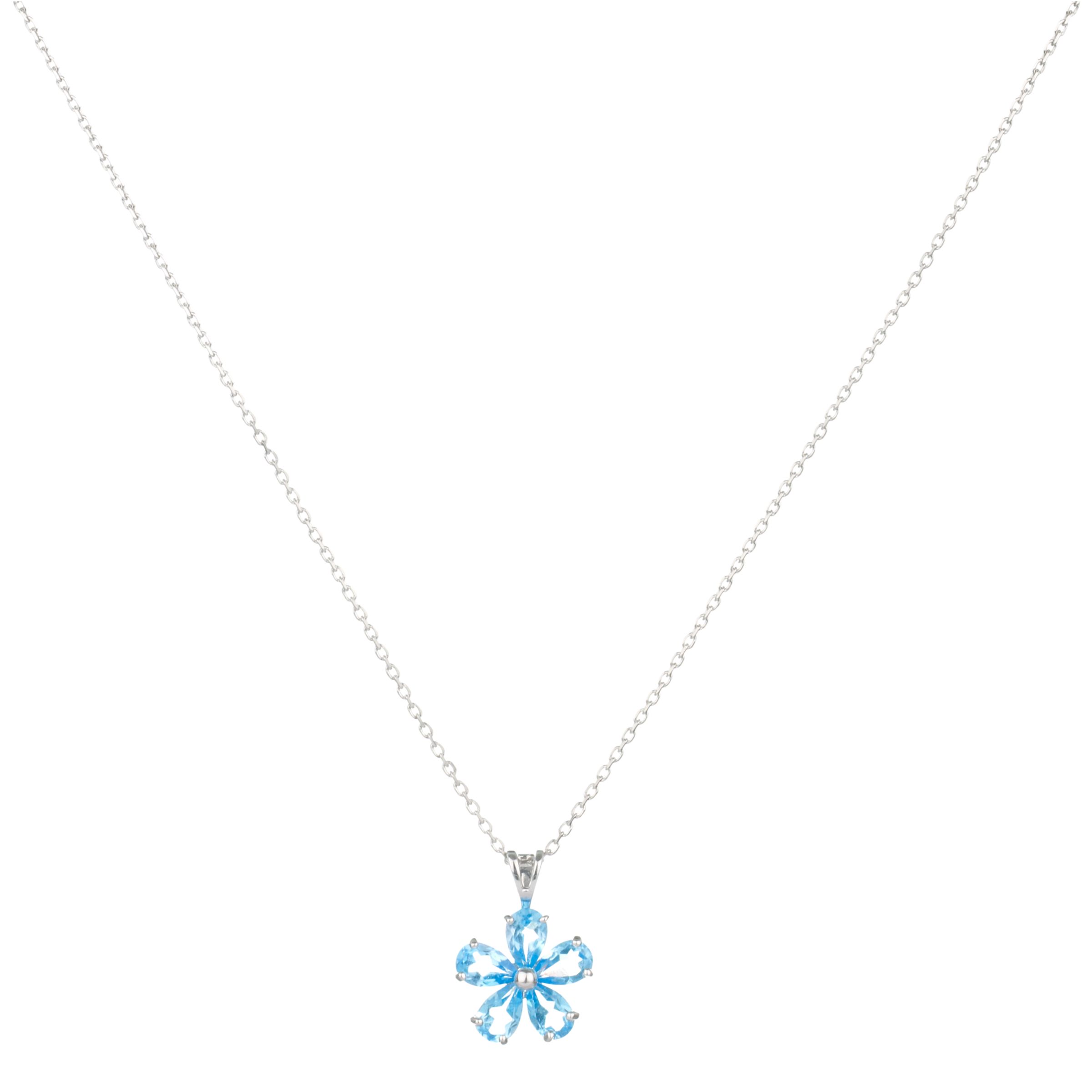 9ct White Gold Blue Topaz Daisy Flower Pendant Necklace