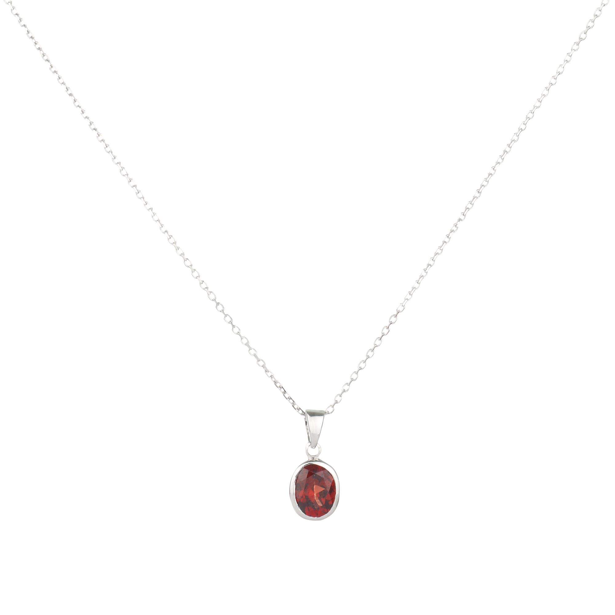 9ct White Gold Garnet Rubover Oval Pendant Necklace