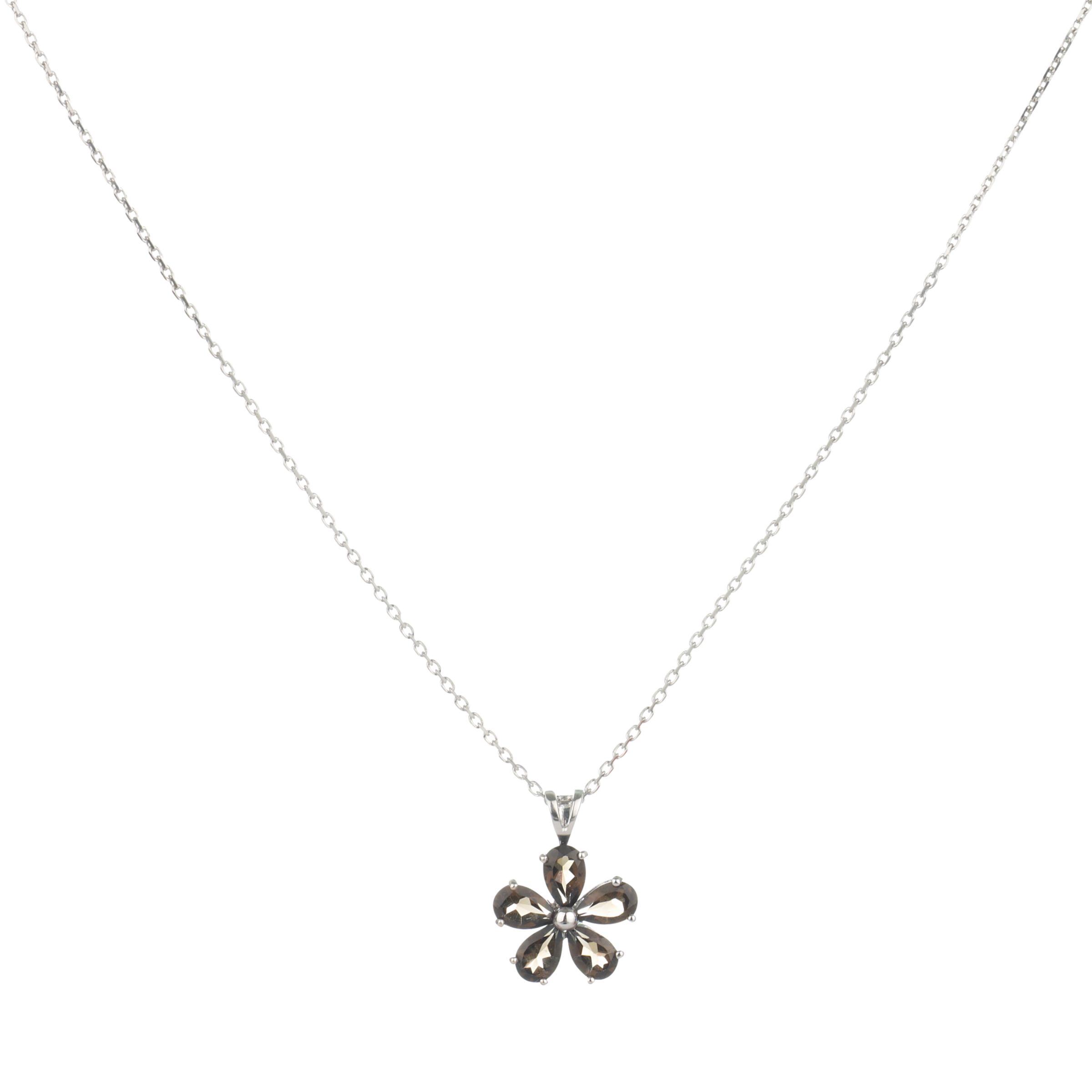 9ct White Gold Smokey Quartz Daisy Pendant Necklace