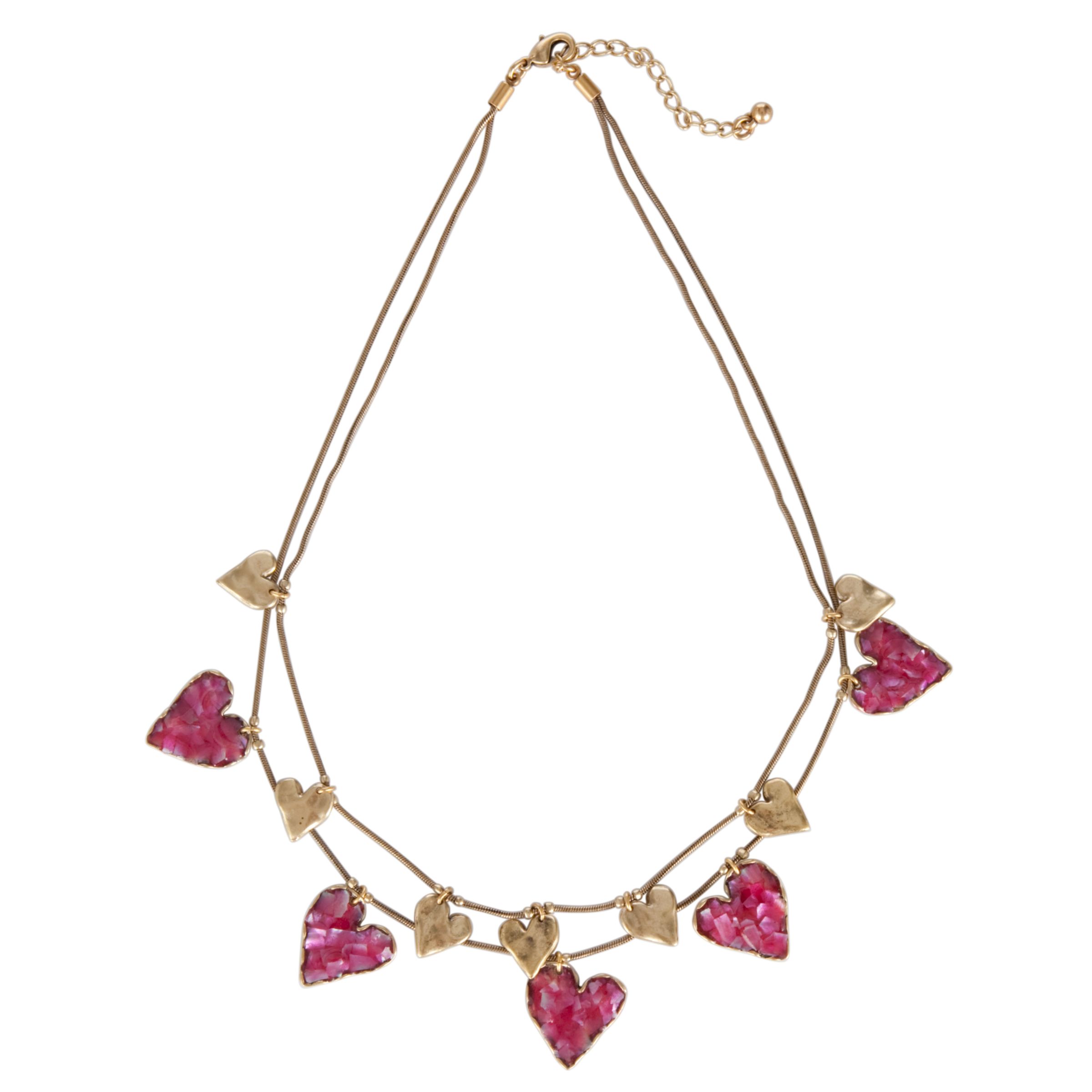 One Button Double Row Dangling Hearts Necklace, Pink