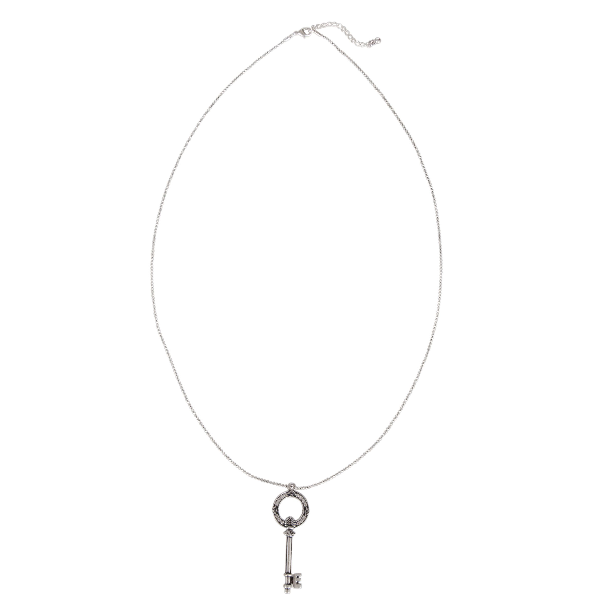 One Button Crystal Encrusted Key Necklace, Silver