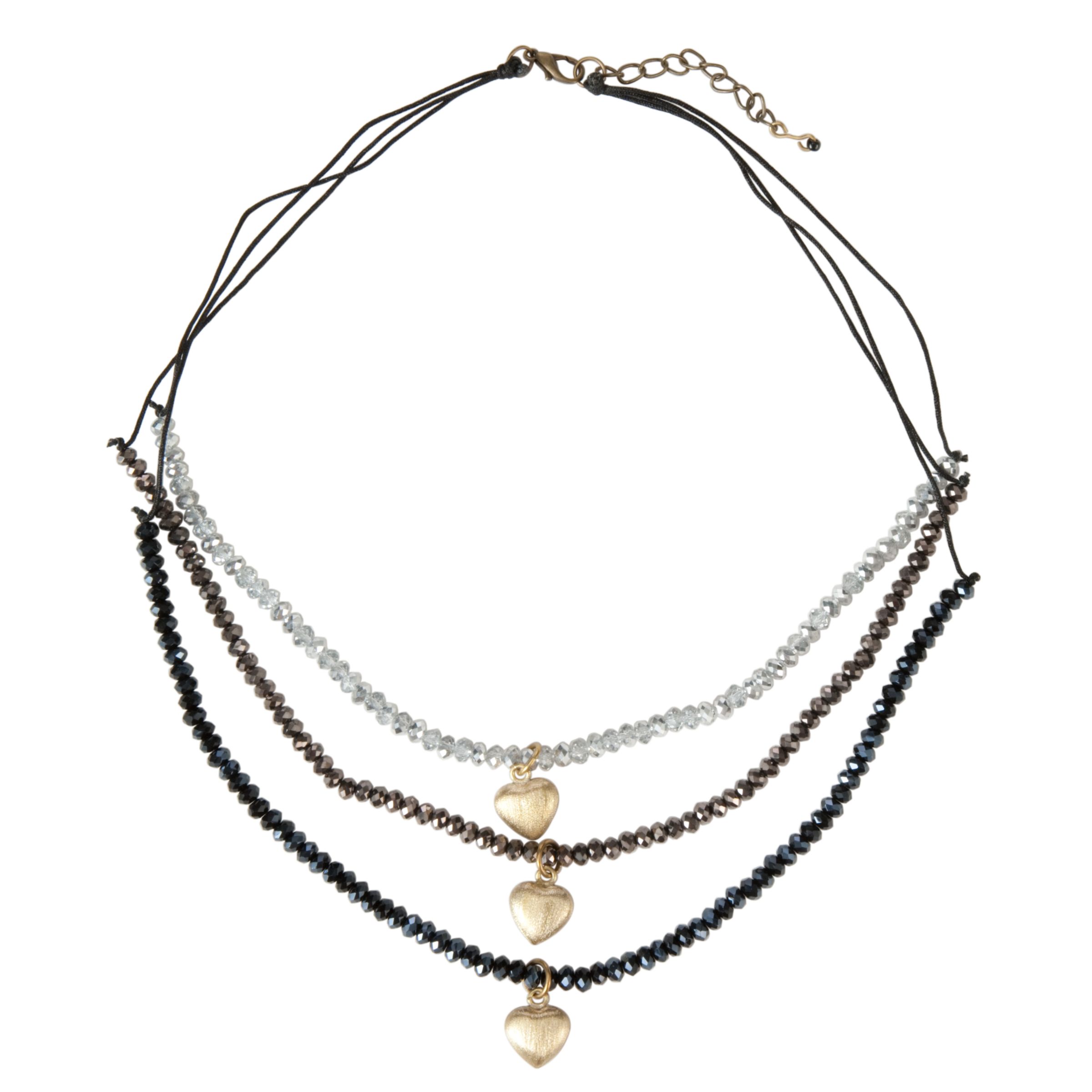 One Button Triple Crystal Row Heart Drop Necklace, Grey