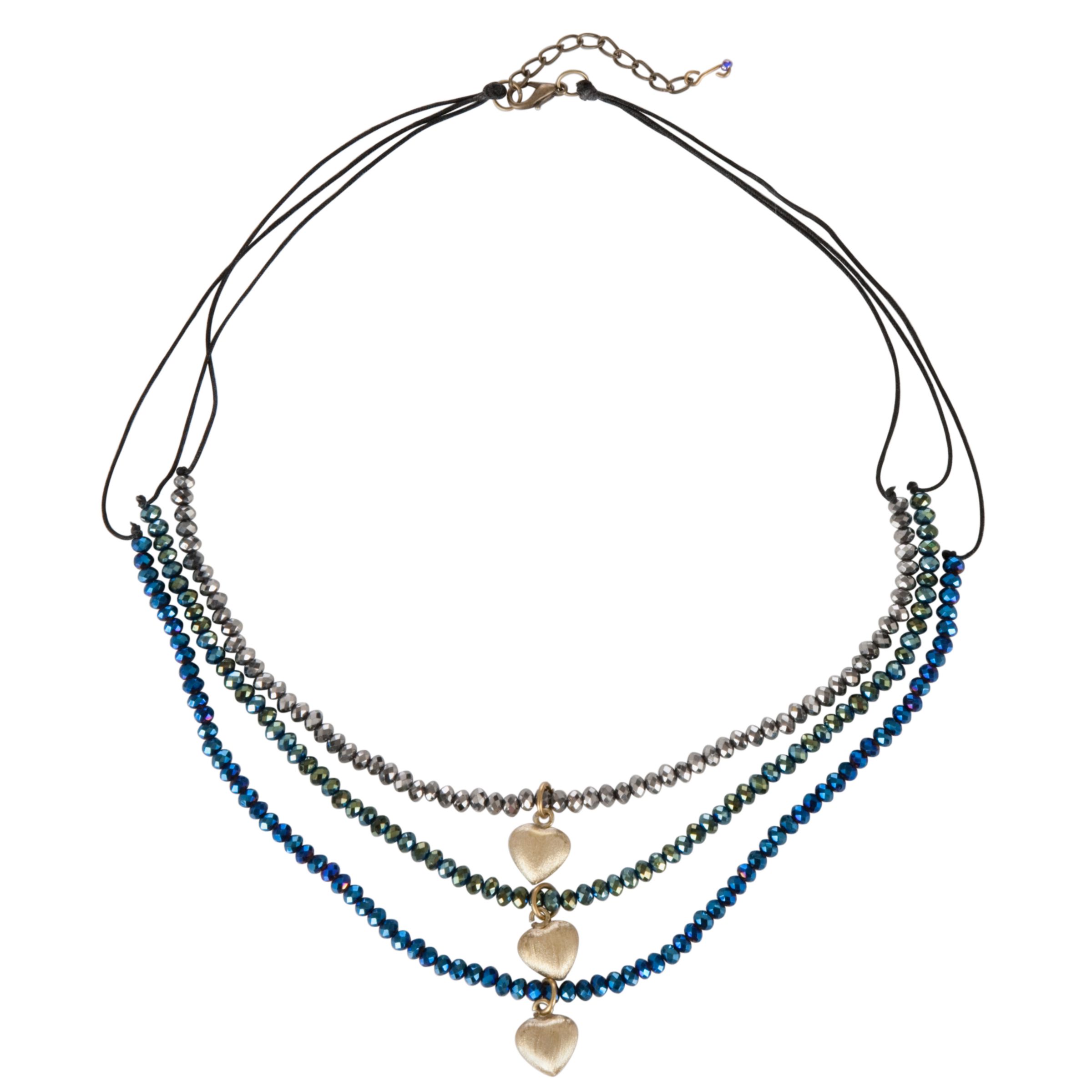 One Button Three Layer Glass Bead Sparkle Rows with Hearts Necklace