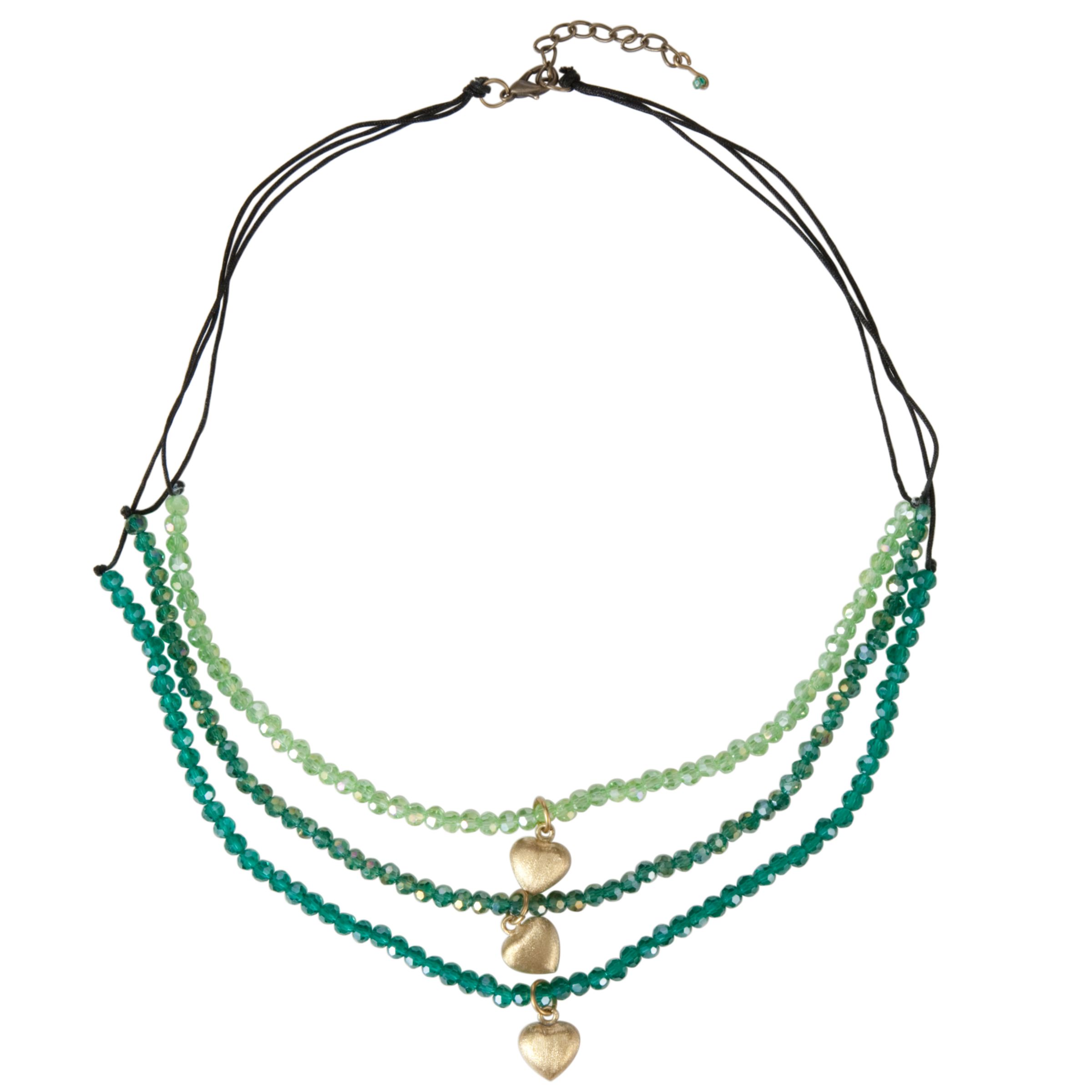 One Button Triple Crystal Row Heart Drop Necklace, Green/Aqua