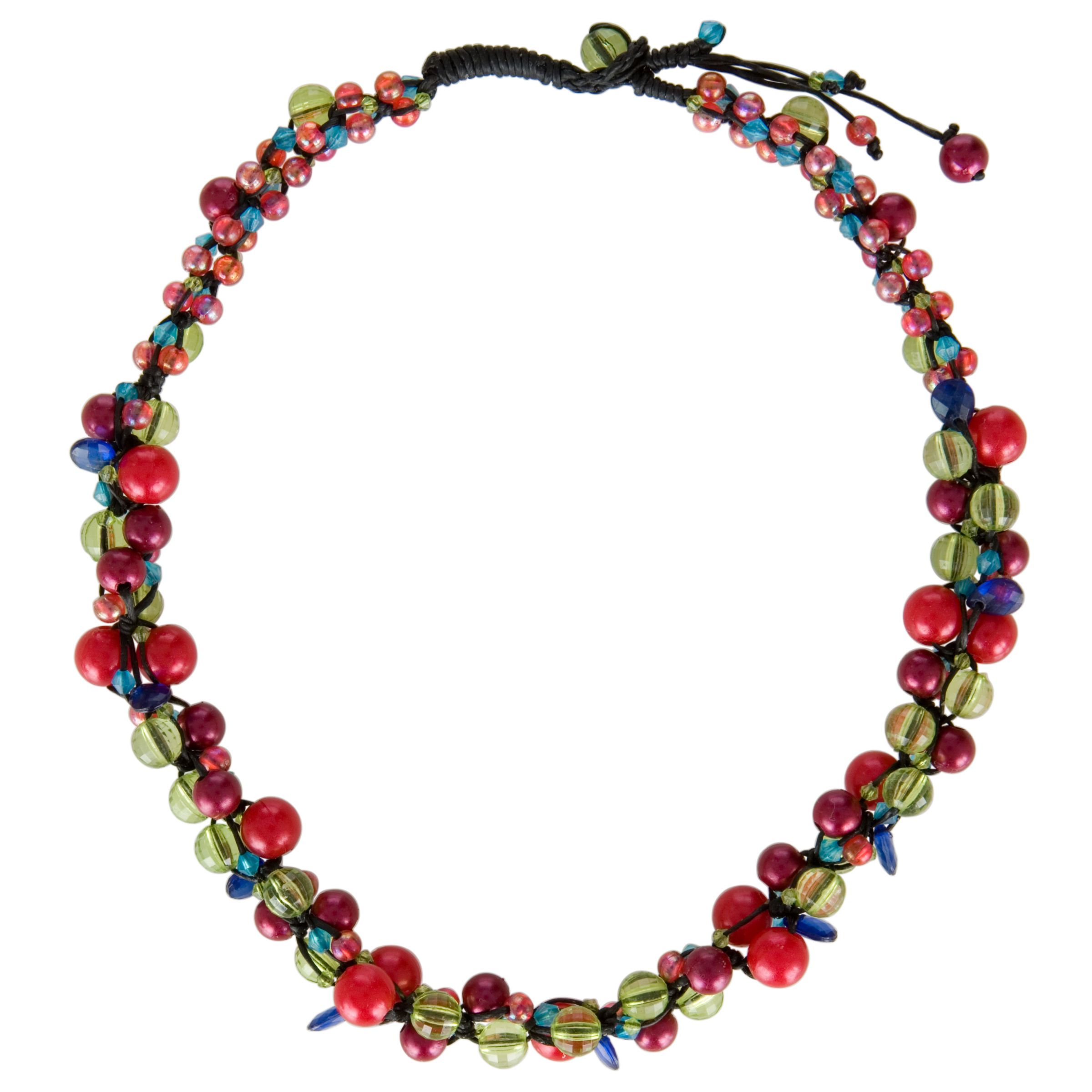 One Button Assorted Bead Cluster Woven Necklace, Lime/Assorted