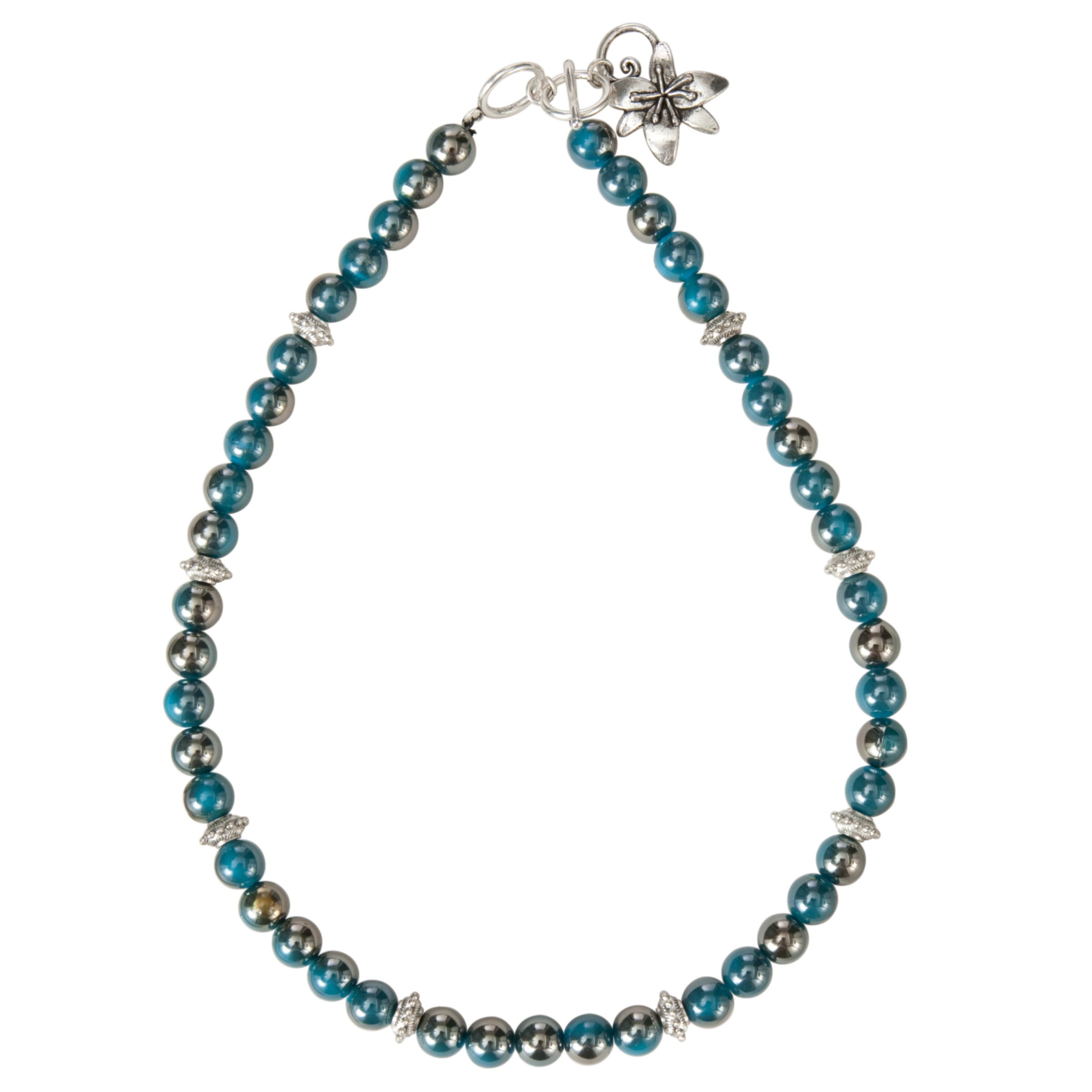 One Button Pearlised Beads Flower T-Bar Necklace, Teal