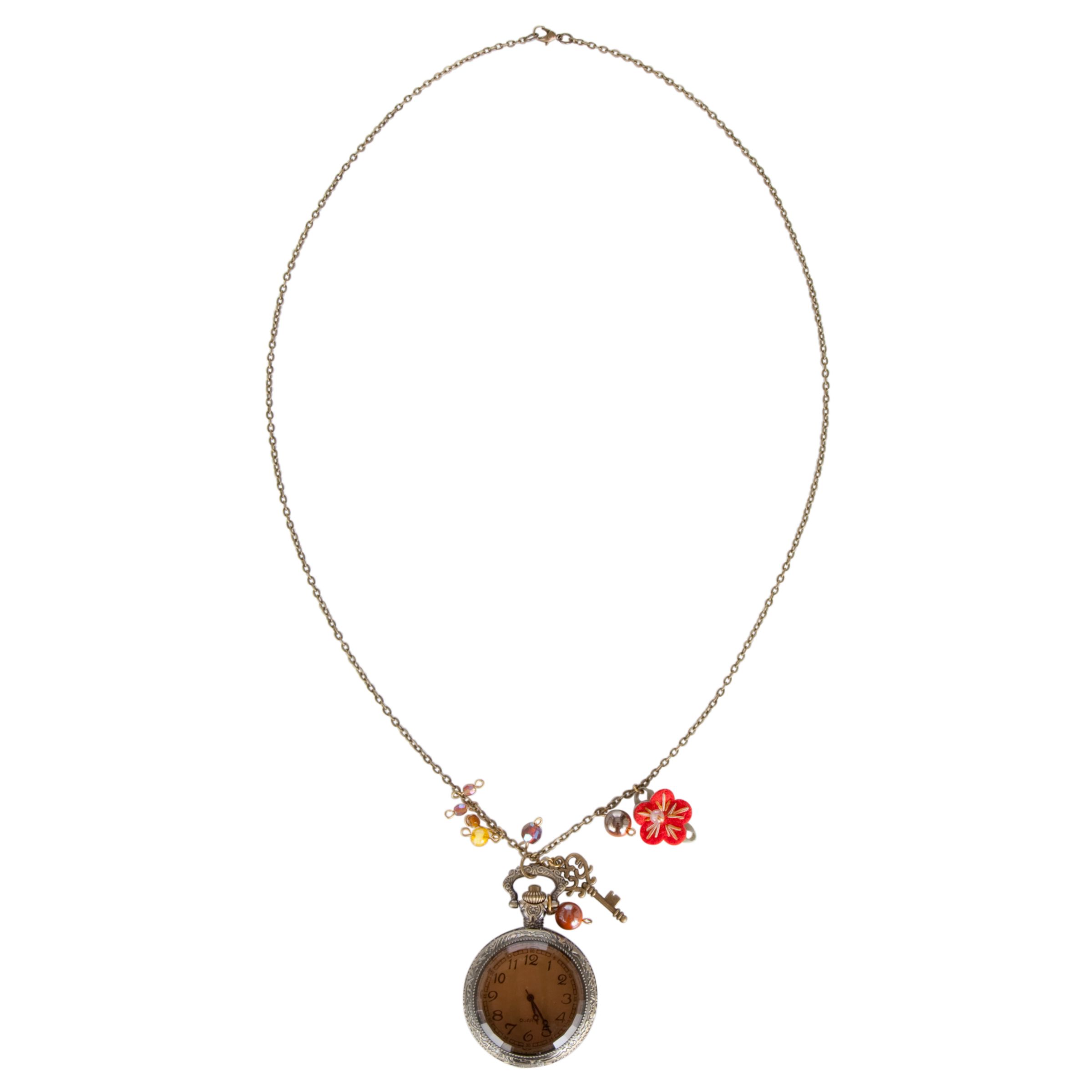 One Button Open Clock Red Flower Pendant Necklace, Antique Gold