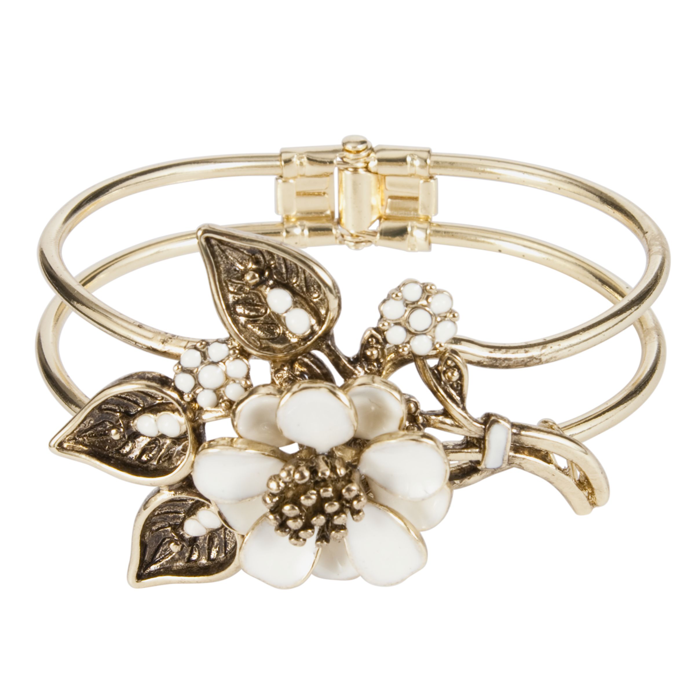 1928 New York Nazeli White Enamel Floral Brass Snap Bracelet