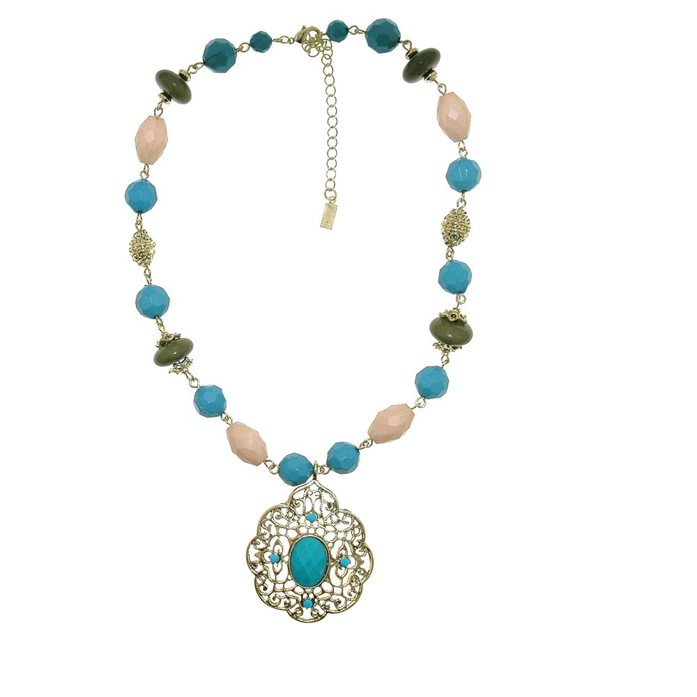 1928 New York Turquoise Fantasy Scalloped Pendant Beaded Turquoise Necklace