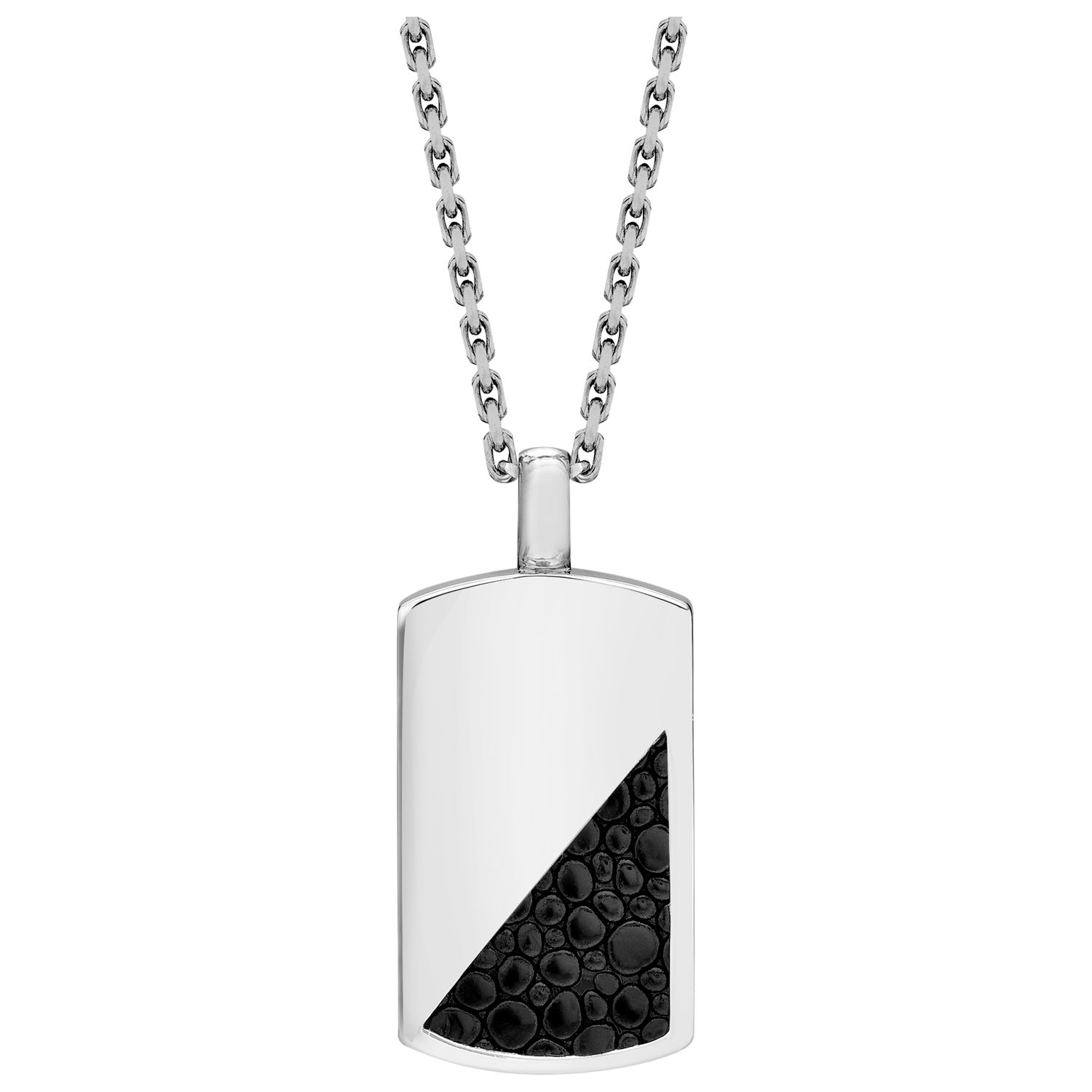 Hoxton London Sterling Silver and Italian Leather Dog Tag Necklace, Black/Silver