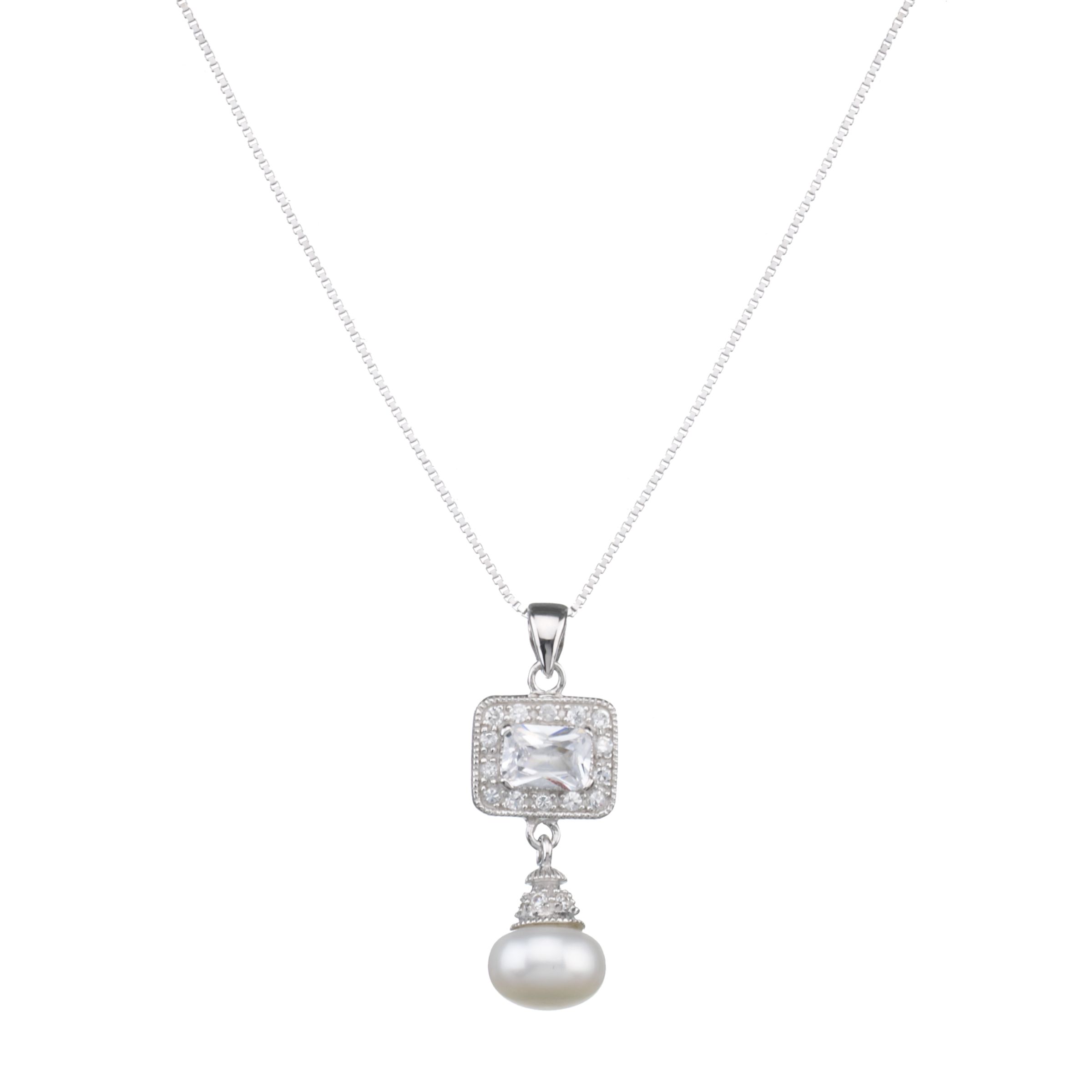 Lido Pearls Square Cubic Zirconia Pendant Necklace with Pearl Drop