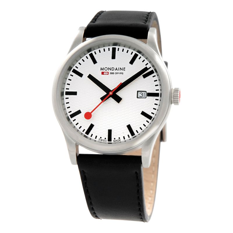 Mondaine A661.30308.17SBB Men's 1 Day Date Sports White Dial Leather Strap Watch