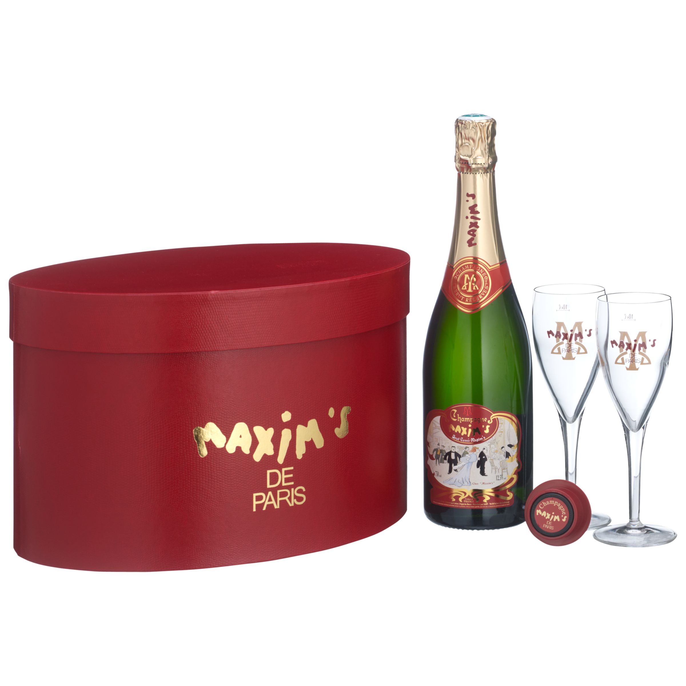 Maxims Champagne Hat Box Gift Set With 2 Champagne Glasses