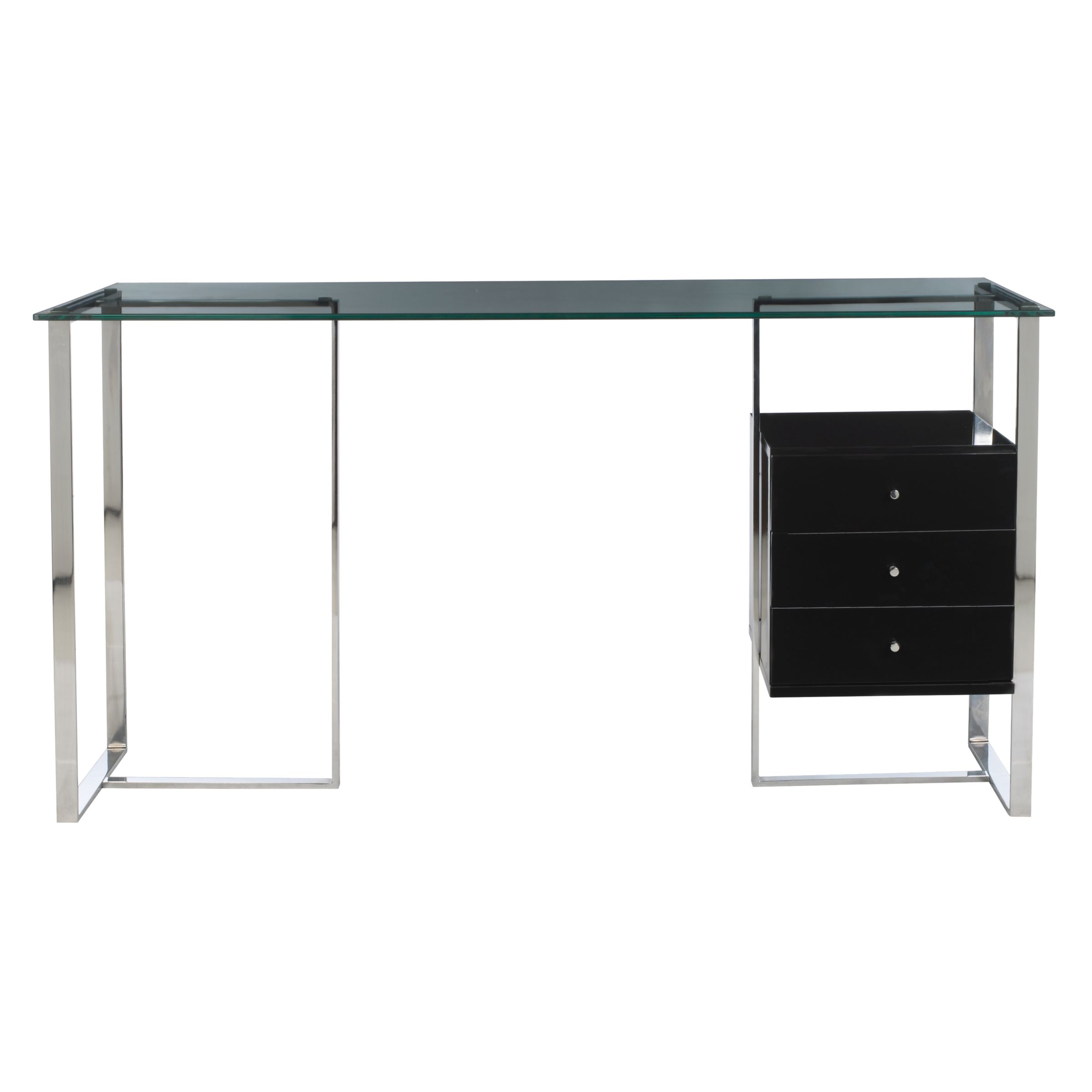 John Lewis Staten 180 Glass Top Desk with Steel Trestles and Black Drawers, width 42cm