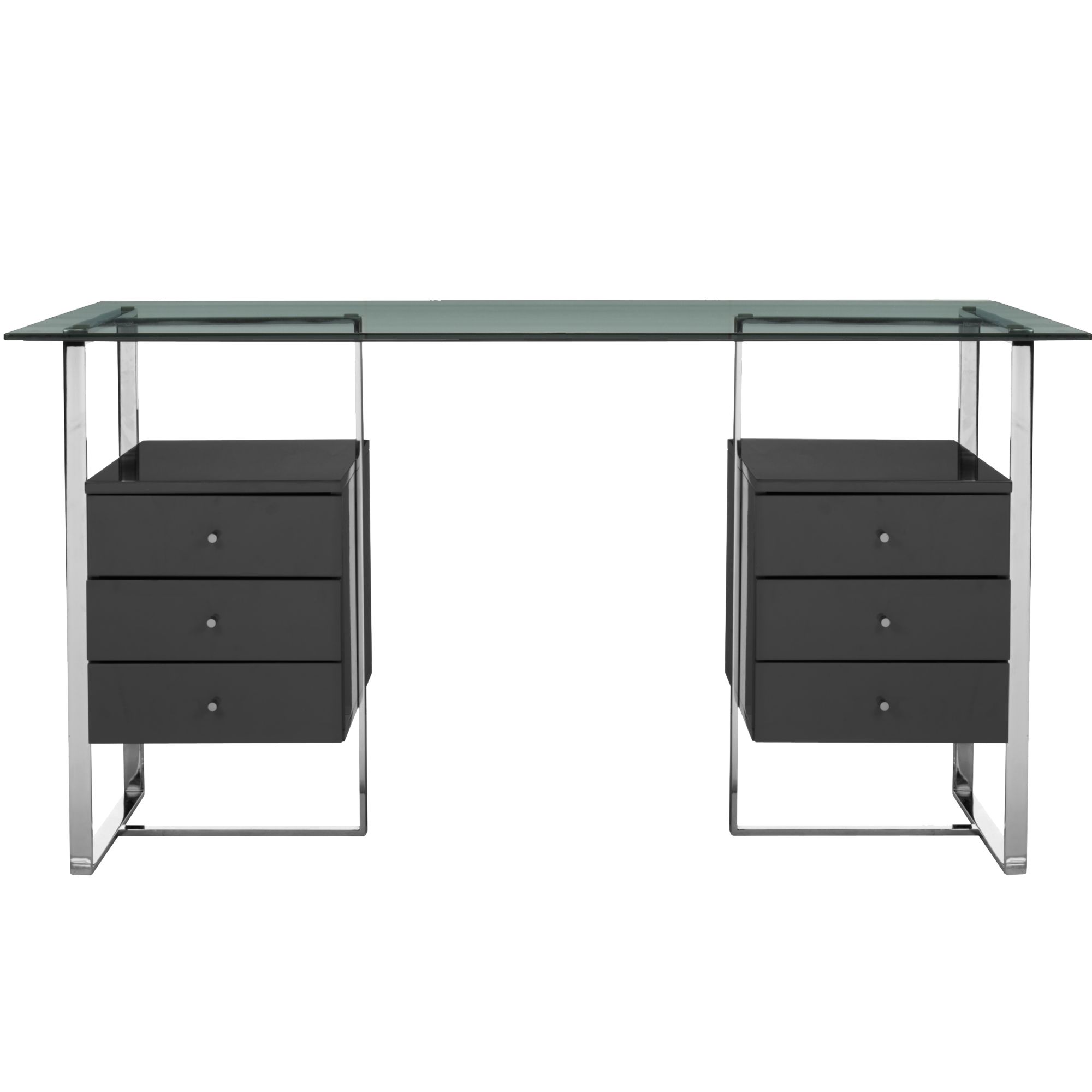 John Lewis Staten 180 Clear Glass Top Desk with Steel Trestles and 2 Black Drawers, width 42cm