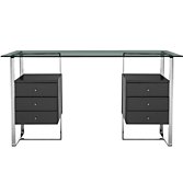 John Lewis Staten 180 Clear Glass Top Desk with Steel Trestles and 2 Black Drawers, width 42cm