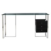 John Lewis Staten 140 Clear Glass Top Desk with Steel Trestle and Black Drawers, width 42cm