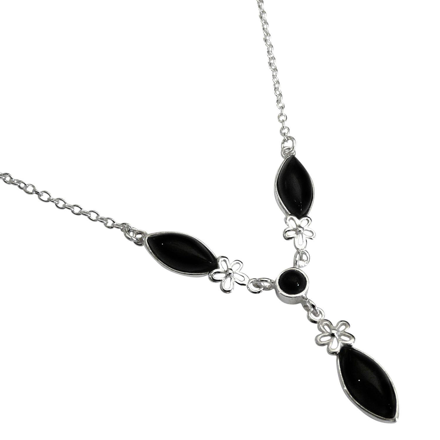 Goldmajor Jet Silver Flower Y Necklace, Black