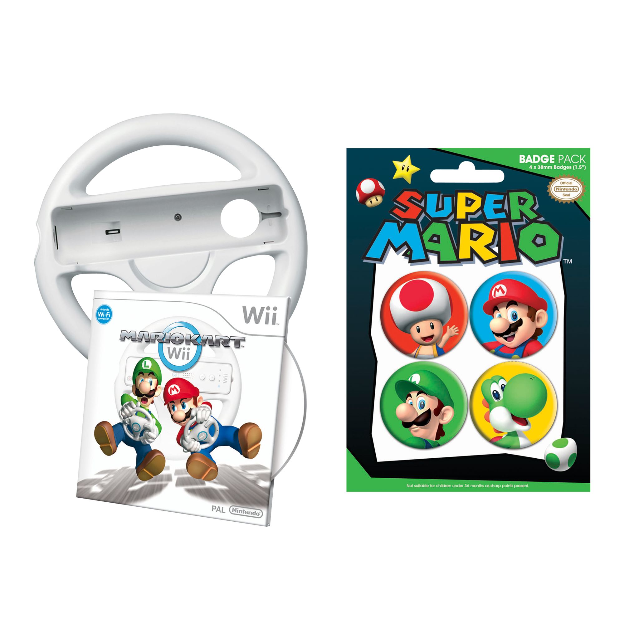 Mario Kart for Wii with Wheel and 4 Mario Badges