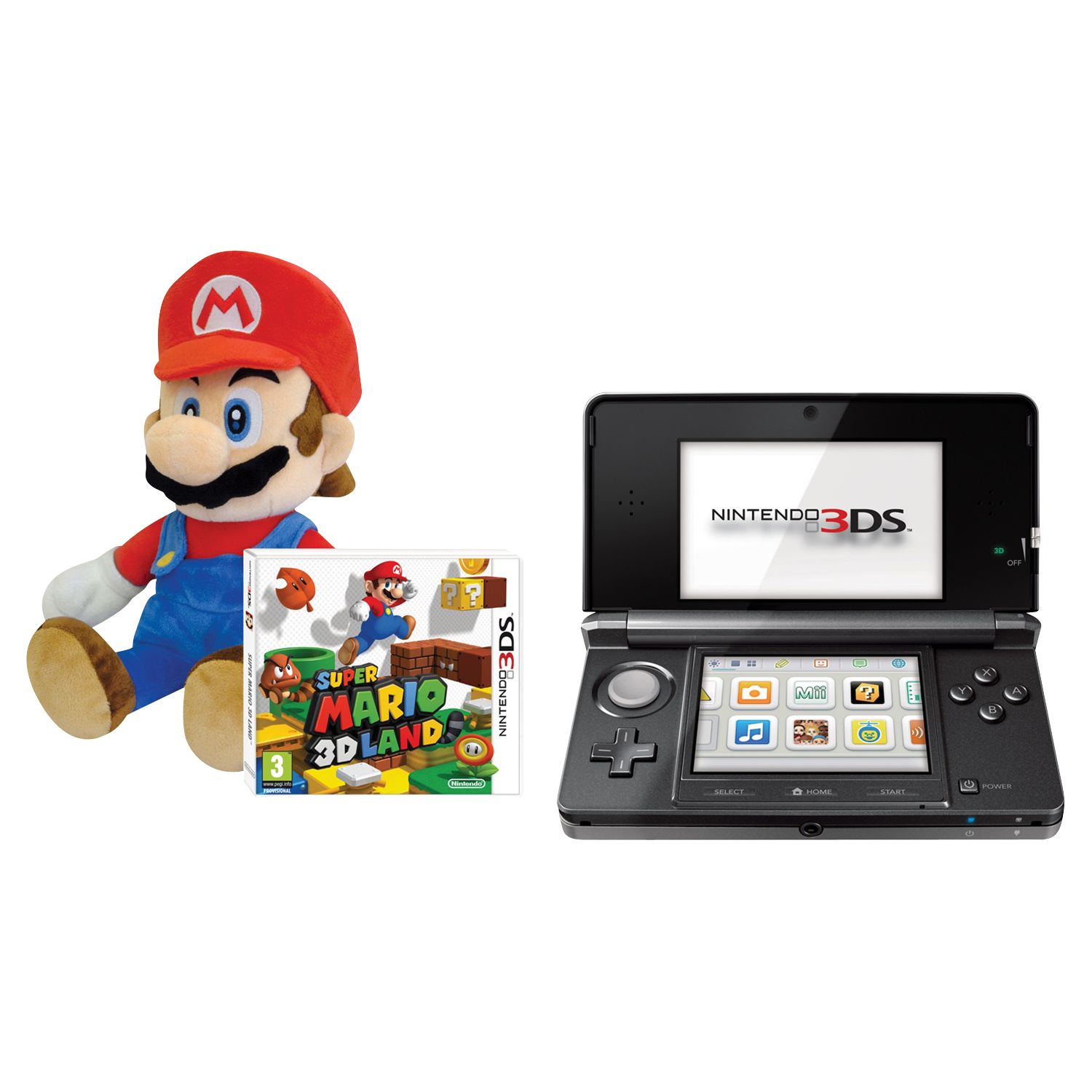 Nintendo 3DS, Black with Super Mario 3D Land Game and Mario Toy at John Lewis