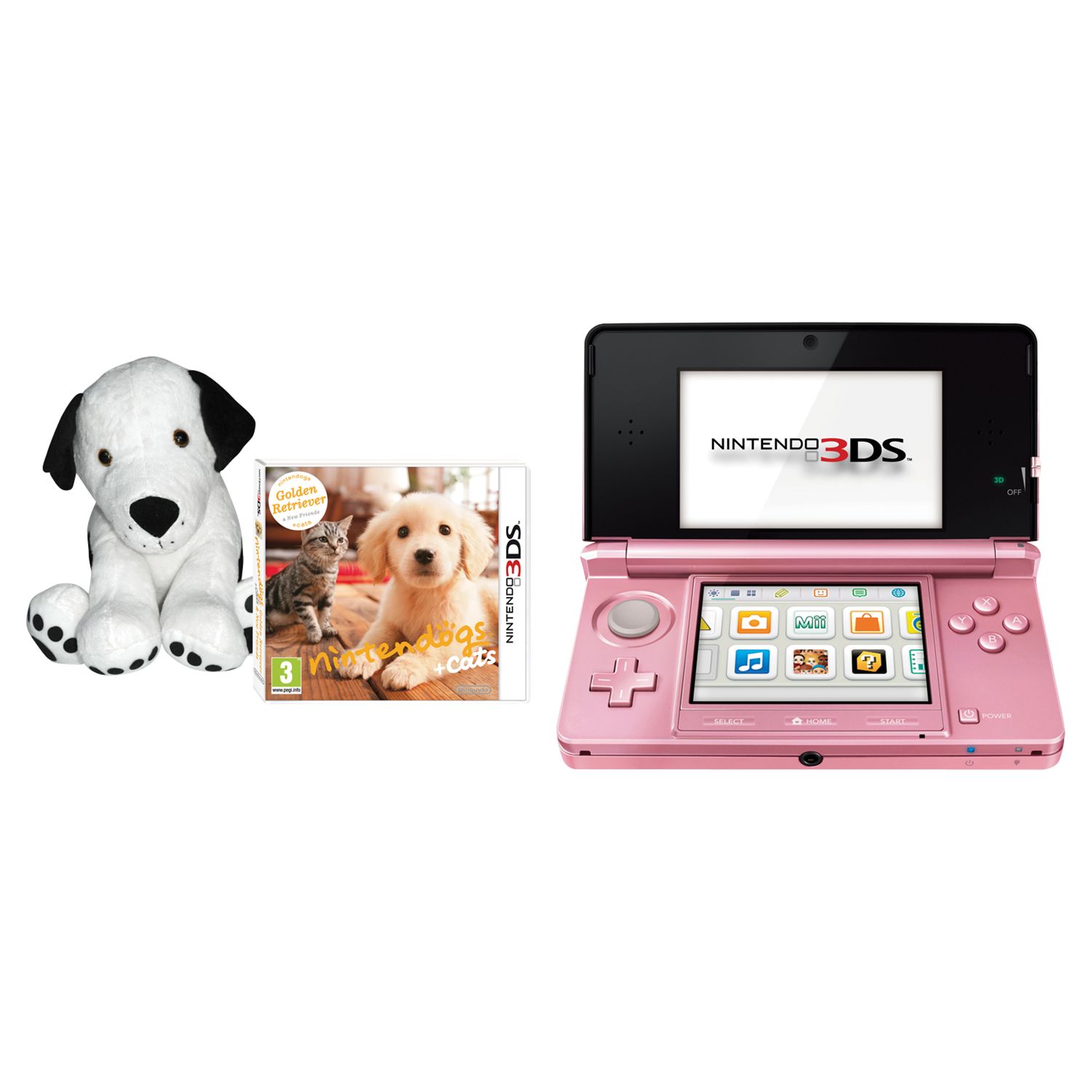 Nintendo 3DS, Pink with Nintendogs Game and Plush Dogs Trust Toy at John Lewis