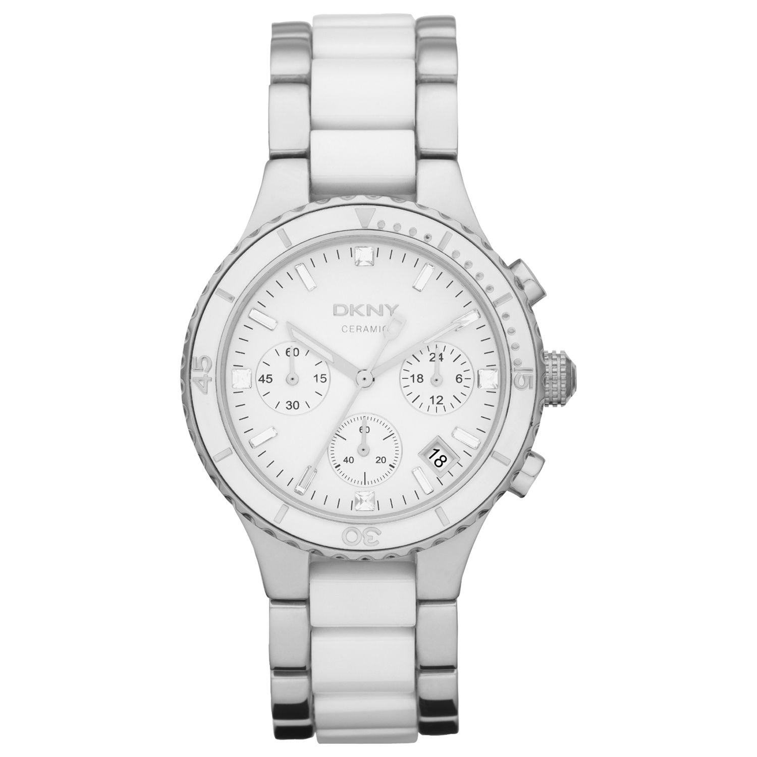 DKNY NY8502 Women's Ceramix Round Dial Ceramic Bracelet Chronograph Watch, White/Silver at John Lewis