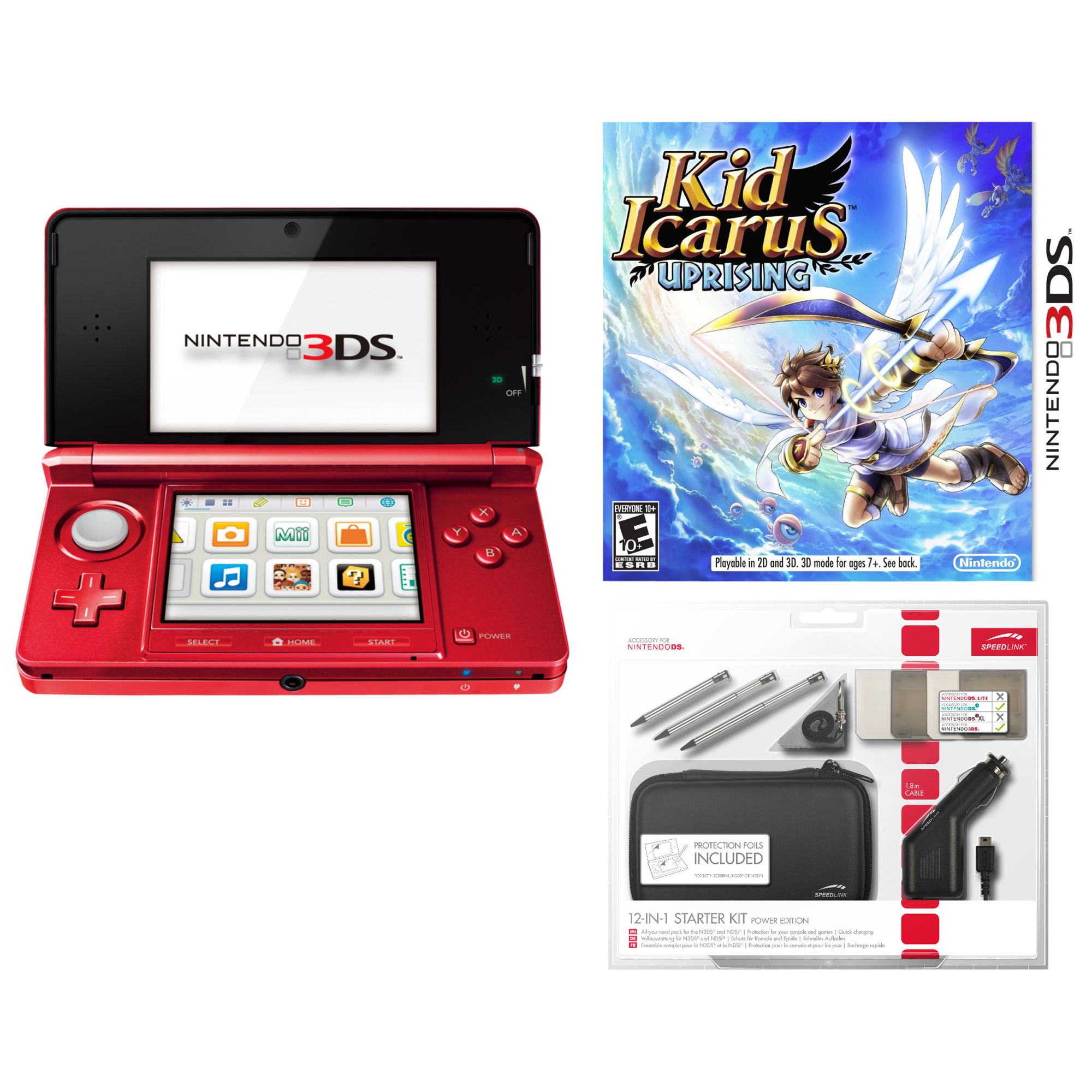 Nintendo 3DS, Red with Kid Icarus Uprising game and 12-in-1 Starter Kit at John Lewis