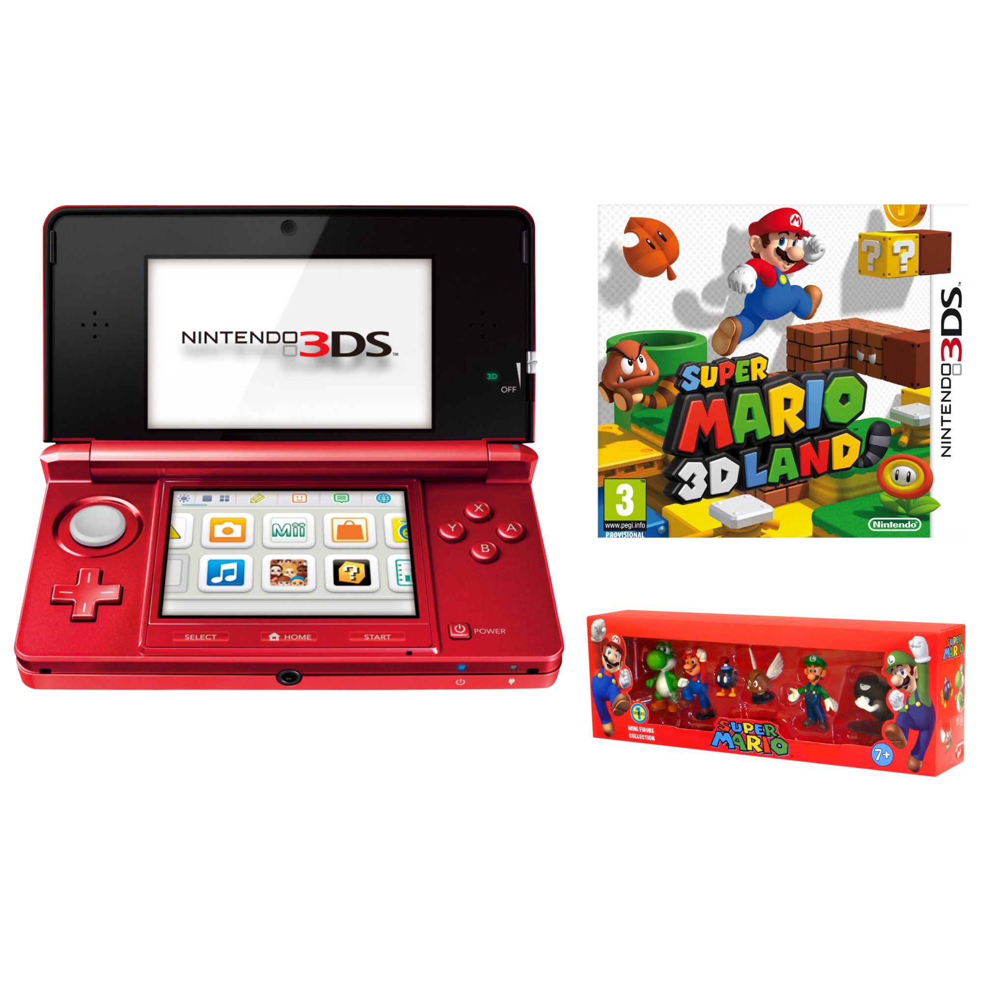 Nintendo 3DS, Red with Super Mario 3D Land Game and Super Mario Figure Box Set at John Lewis