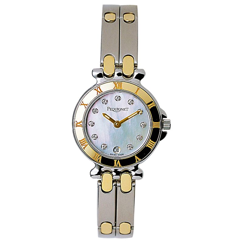Pequignet 7711508CD Women's Moorea Vintage Diamond Steel Yellow Gold Bracelet Watch, Grey/Gold at John Lewis