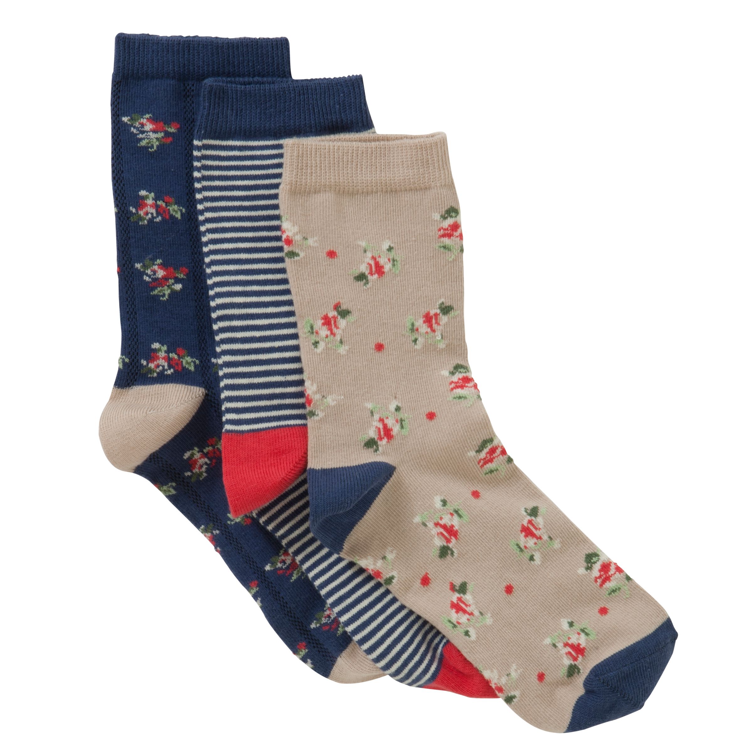 John Lewis Stripes and Floral Ankle Socks, Pack of 3, Multi