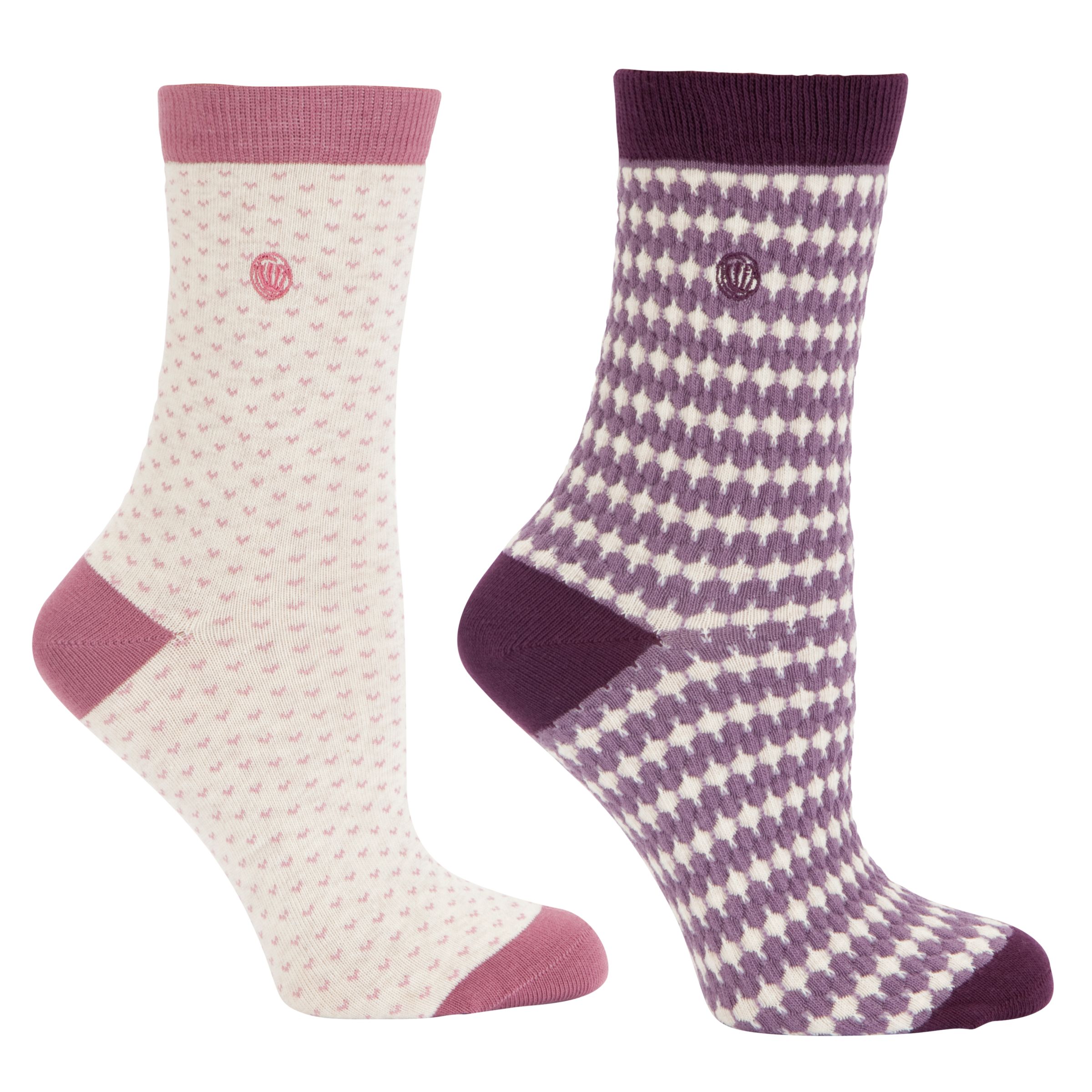 Fat Face Stripe and Spot Patterned Socks, Pack of 2, Mauve