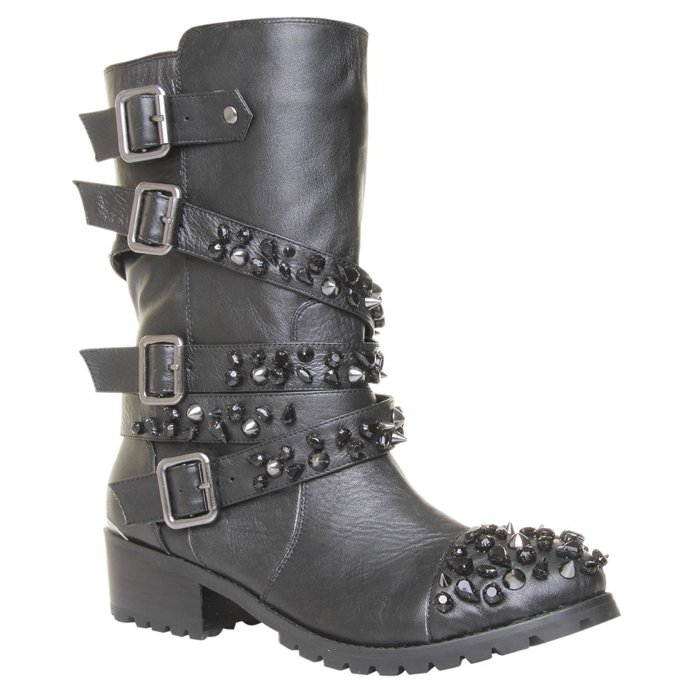 Buy Carvela Swimming Leather Studded Multi Buckle Biker Boots, Black 